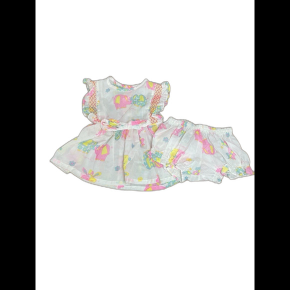 VTG 80s Her Majesty Elephant 2 Piece Pink Yellow Smocked Summer Ruffle Bloomers - Picture 1 of 14